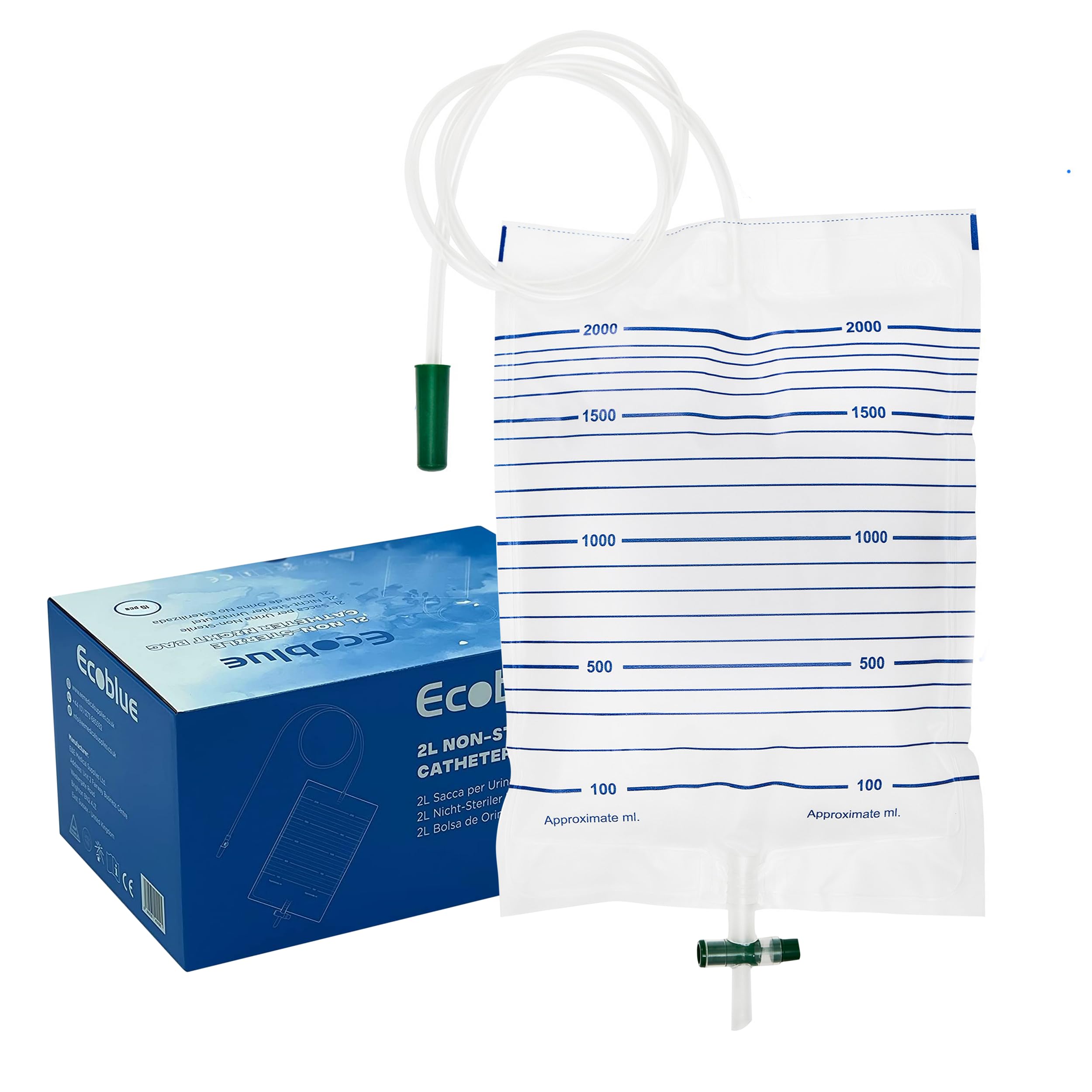 10 Pcs Pack - ECOBLUE Urine Drainage Bags 2000ml Capacity – Non Sterile Night Bags with T-Tap Valve and 85cm Tube - 10-Pack Drainable Urinary Bags - Non-Latex Catheter Night Bag