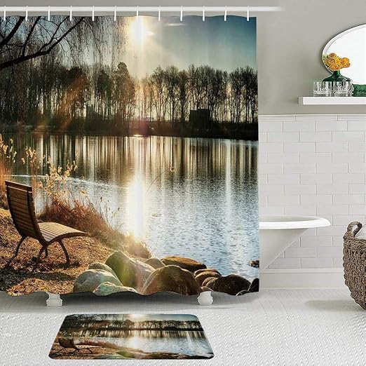 MAYBELOST 2-teiliges Duschvorhangset mit Rutschfester Badematte,Autumn