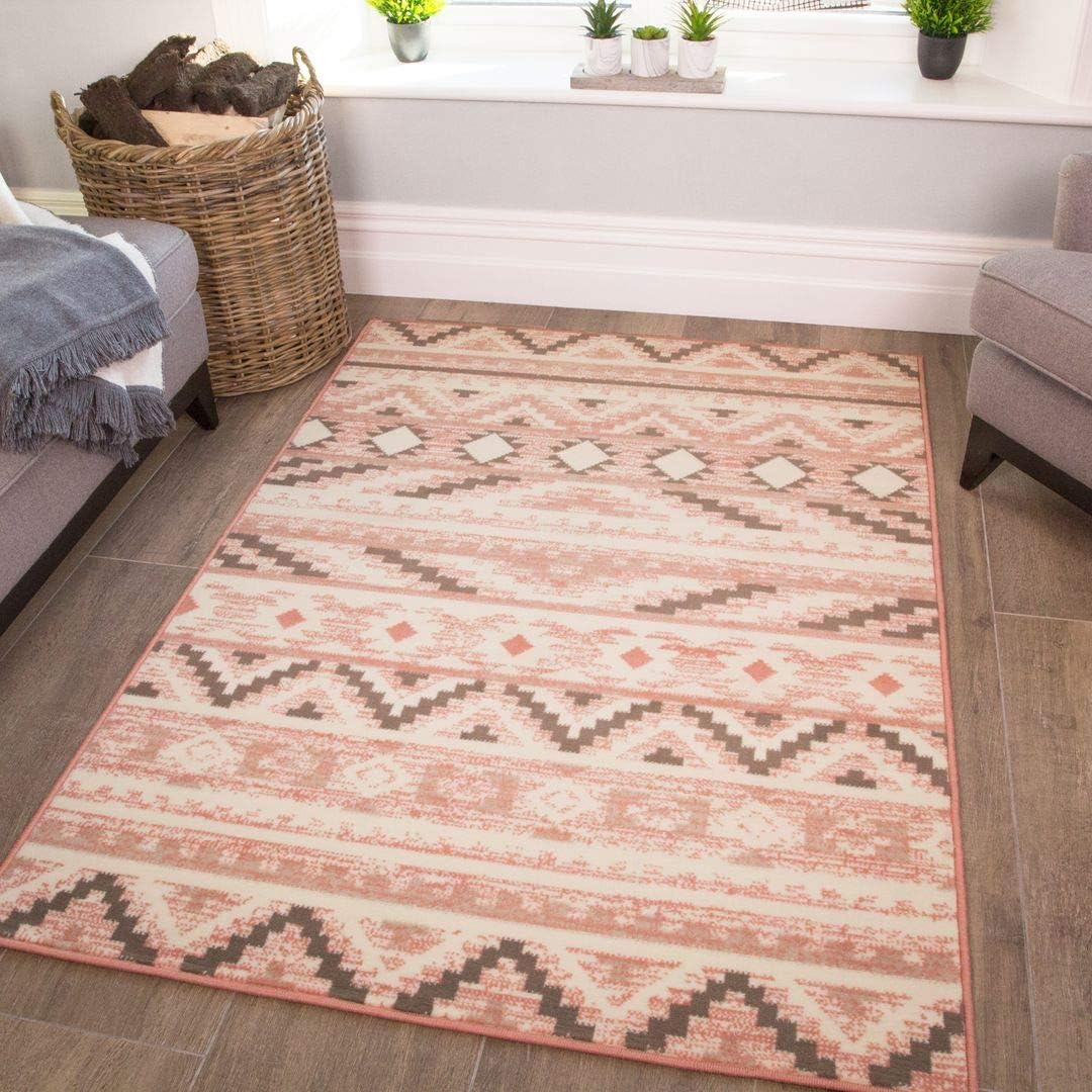Soft Blush Pink Aztec Grey Kids Rug Tribal Boho Geometric Pastel Small