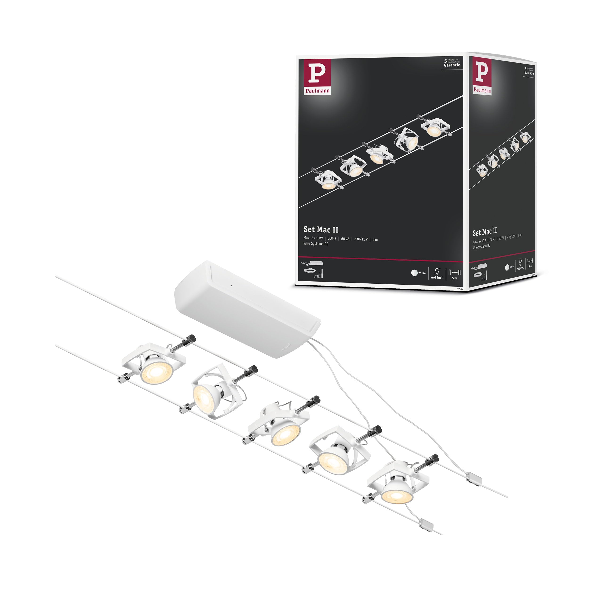 Paulmann 94432 CorDuo Lighting Set - Mac II DC, Max 5 x 10 Watt Extendable Wire Cable, Matt White Plastic GU5.3 System Without Bulbs [Energy Class A++]