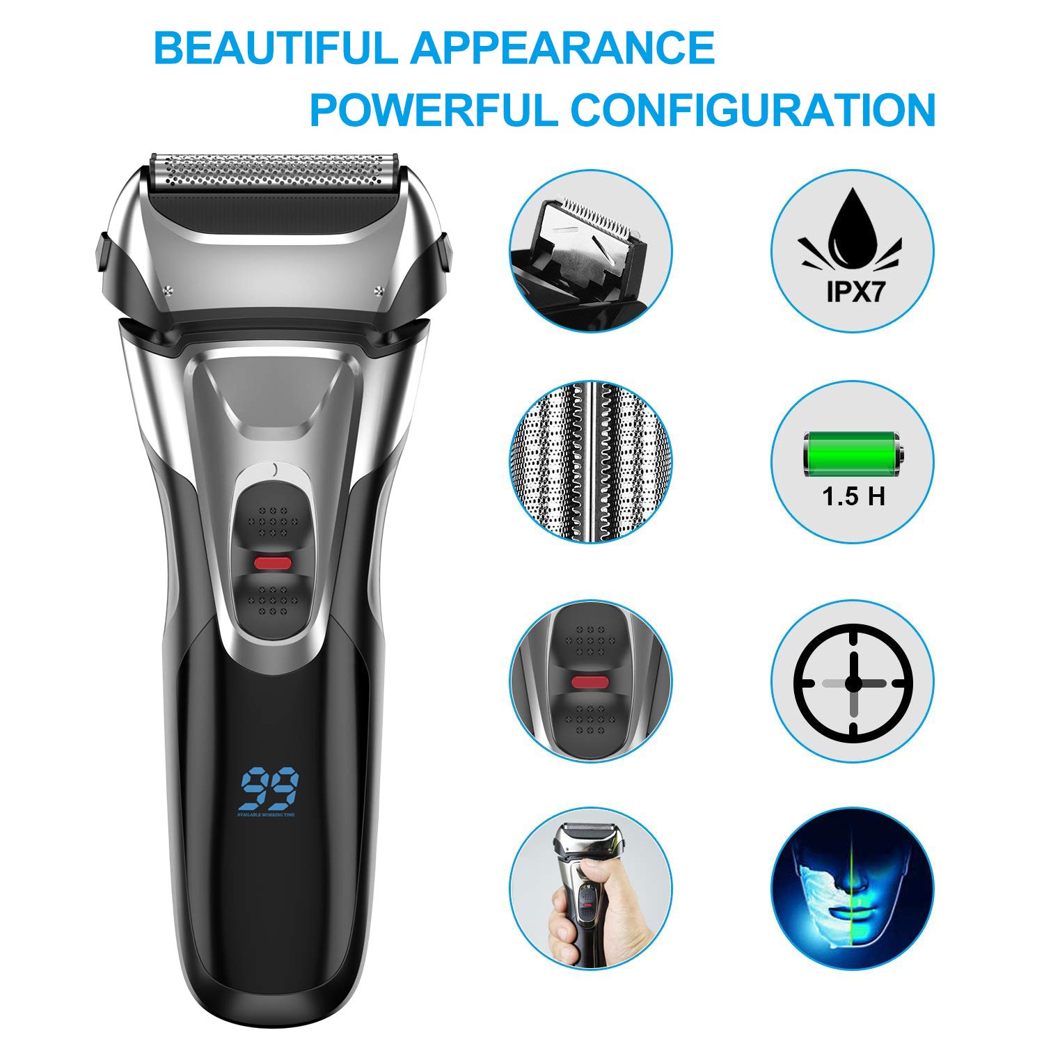 Electric Shaver with Trimmer for Men, IPX7 Waterproof Wet Dry Cordless Razor, Charge 1.5H Work 99 Mins, Plug and Play, USB Quick Rechargeable LCD Display Battery
