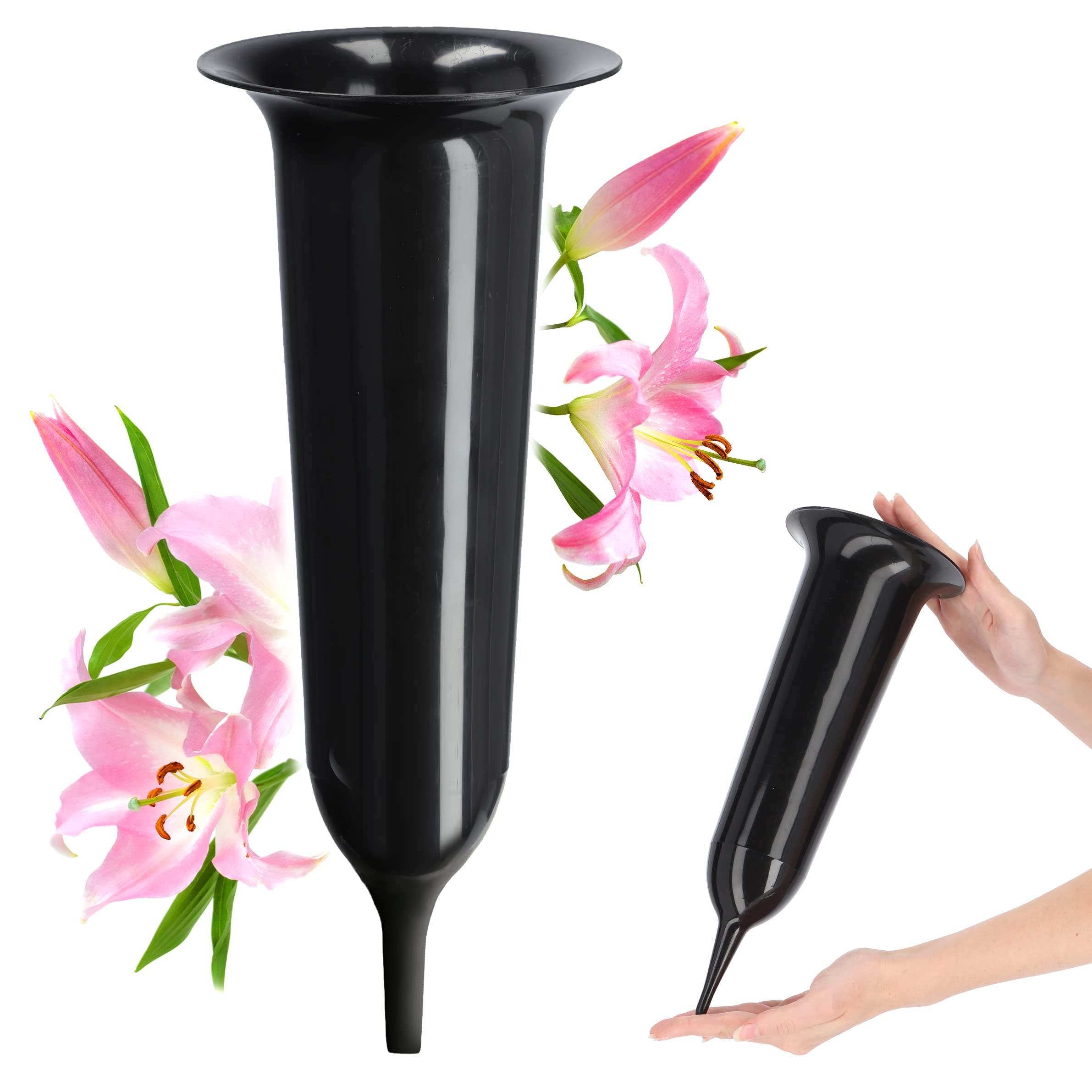KADAX Spiked Grave Vase, Plastic Memorial Vase, Weatherproof Grave Flower Holder for Cemetery, Graveside Ornament for Artificial Flowers (34.5 cm, Black)