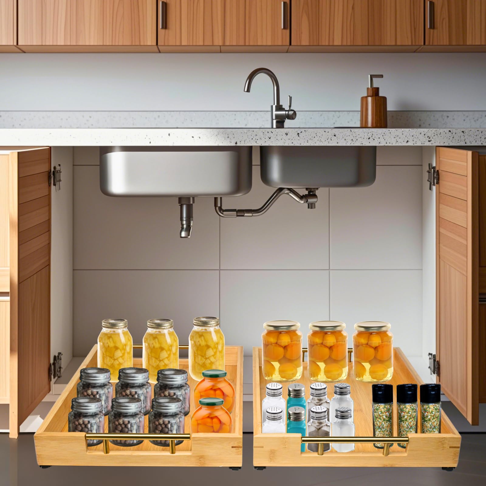 Photo 1 of Beyeutao Bamboo Pull Out Cabinet Organizer 2 Pack Bathroom Cabinet Organizer 12" W x 16" D Under Sink Organizers for Kitchen Cabinets with Adhesive Nano Film Drawers