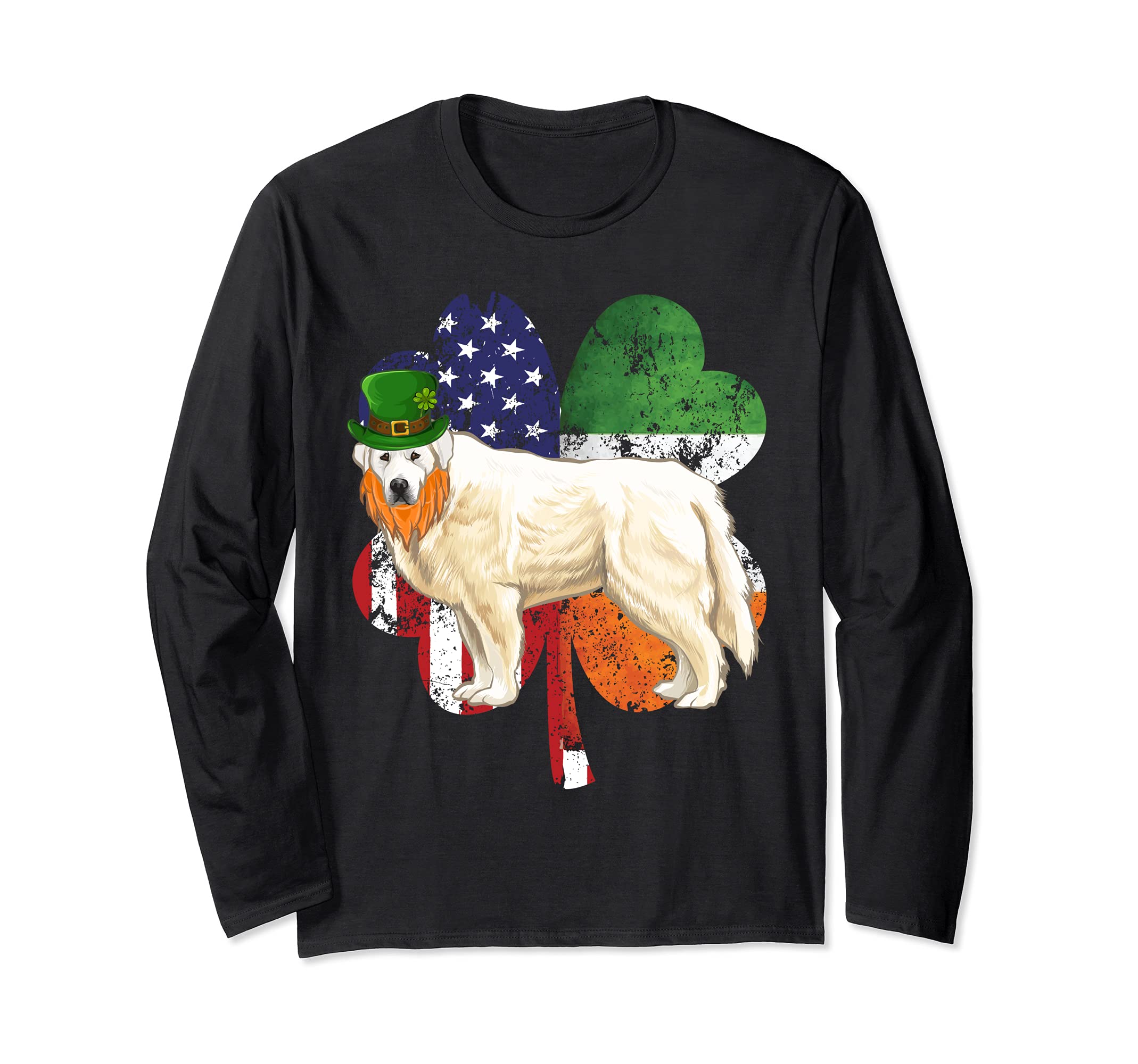 St Patricks Day Irish American Flag Great Pyrenee Dog Long Sleeve T-Shirt