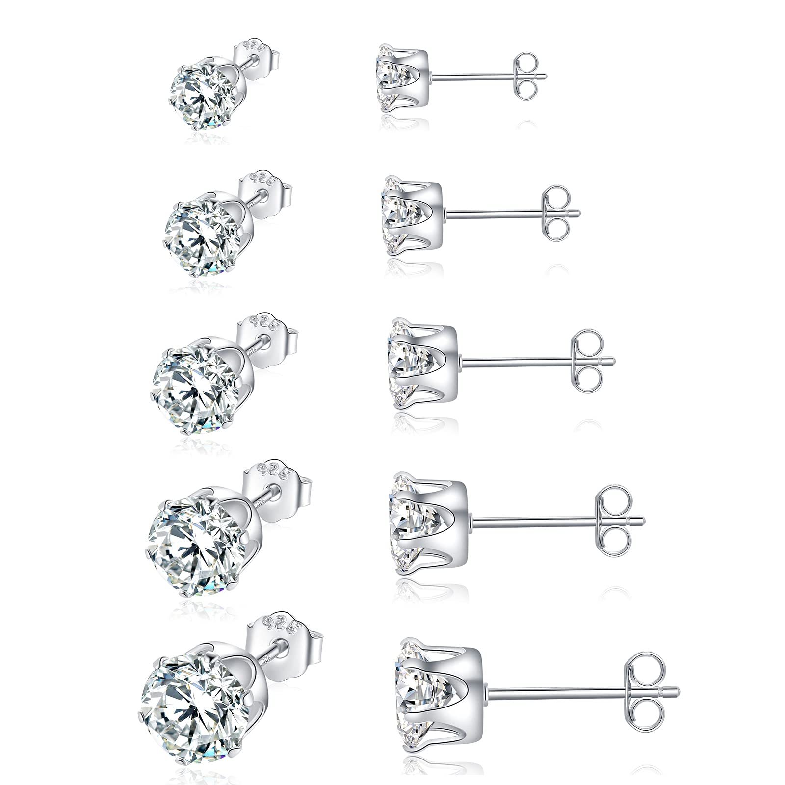 Shuxin Silver Stud Earrings for Women, 925 Sterling Silver Cubic Zirconia Stud Earrings Set, Tiny Small Sleeper Cartilage Studs, Sterling Silver Stud Earrings for Women Men Girls, 3/4 / 5/6 / 7mm