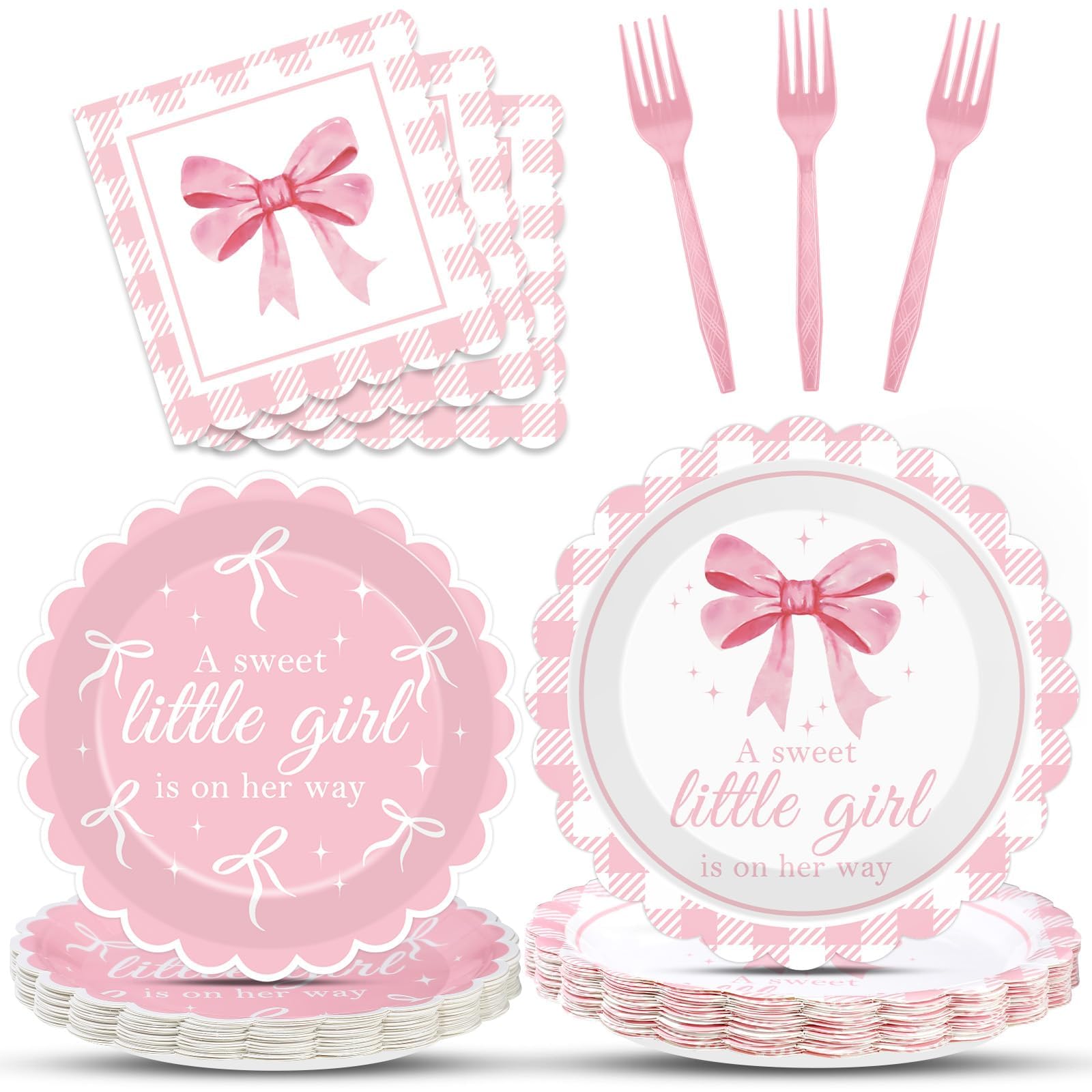 Photo 1 of 96Pcs Pink Bow Baby Shower Party Supplies Tableware Girl Plates Napkins Pink Bow Baby Shower Party Decorations A Sweet Girl is on Her Way Disposable Dessert Plates Dinnerware Supplies Serve 24