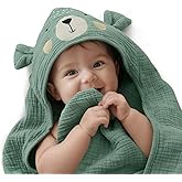 Blissful Diary Muslin Baby Hooded Towel, Soft and Absorbent Bath Towel for Newborn, Infant, Toddler, Unisex, 32″x32″ - Smart Bear
