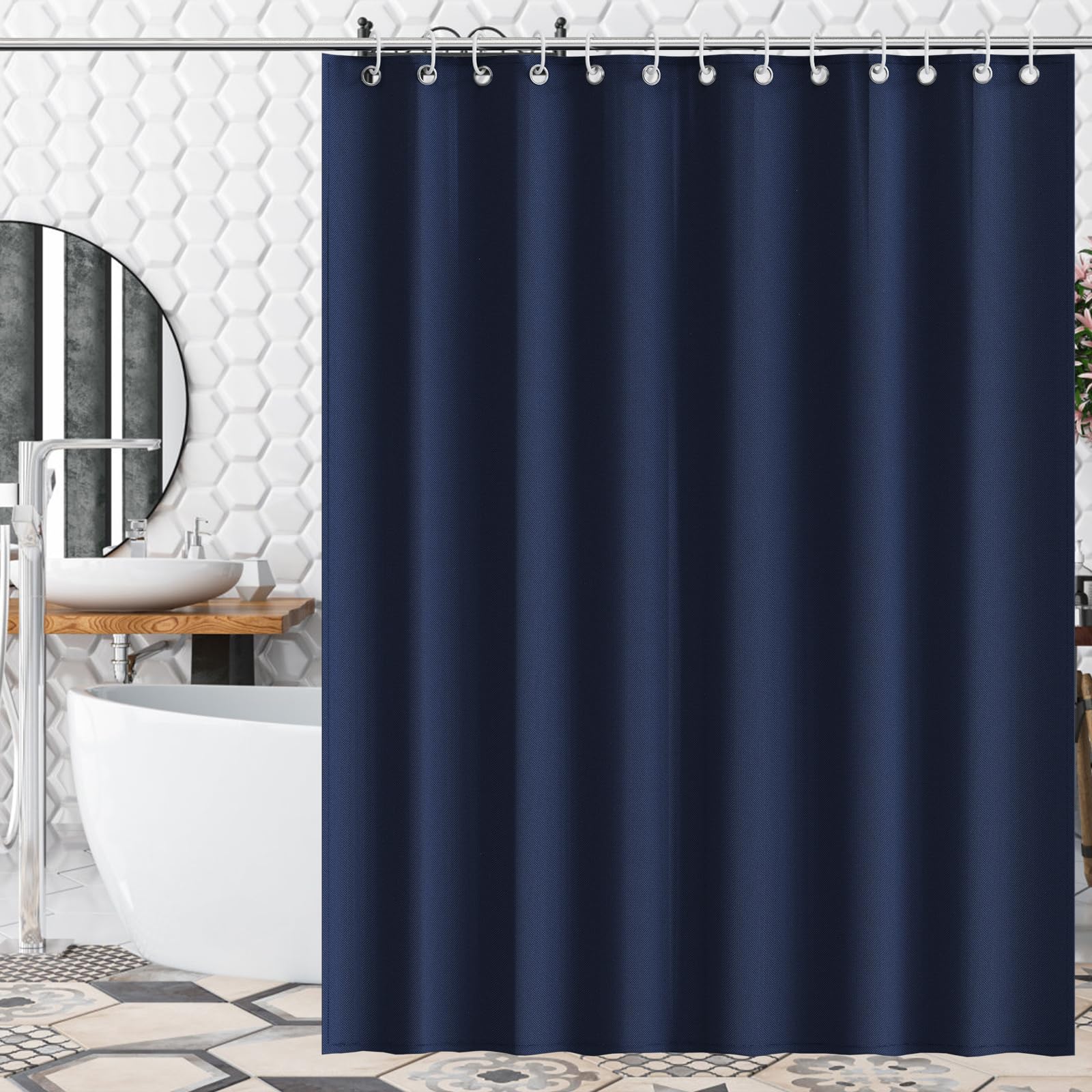 AKHTART Shower Curtain 100 Percent Polyester, Extra Long Shower Curtain with 12 Hooks, Washable and Easy to Dry, Anti-Bacterial Mildew Resistant, 180 x 180 cm Bathroom Curtains (Navy Blue)