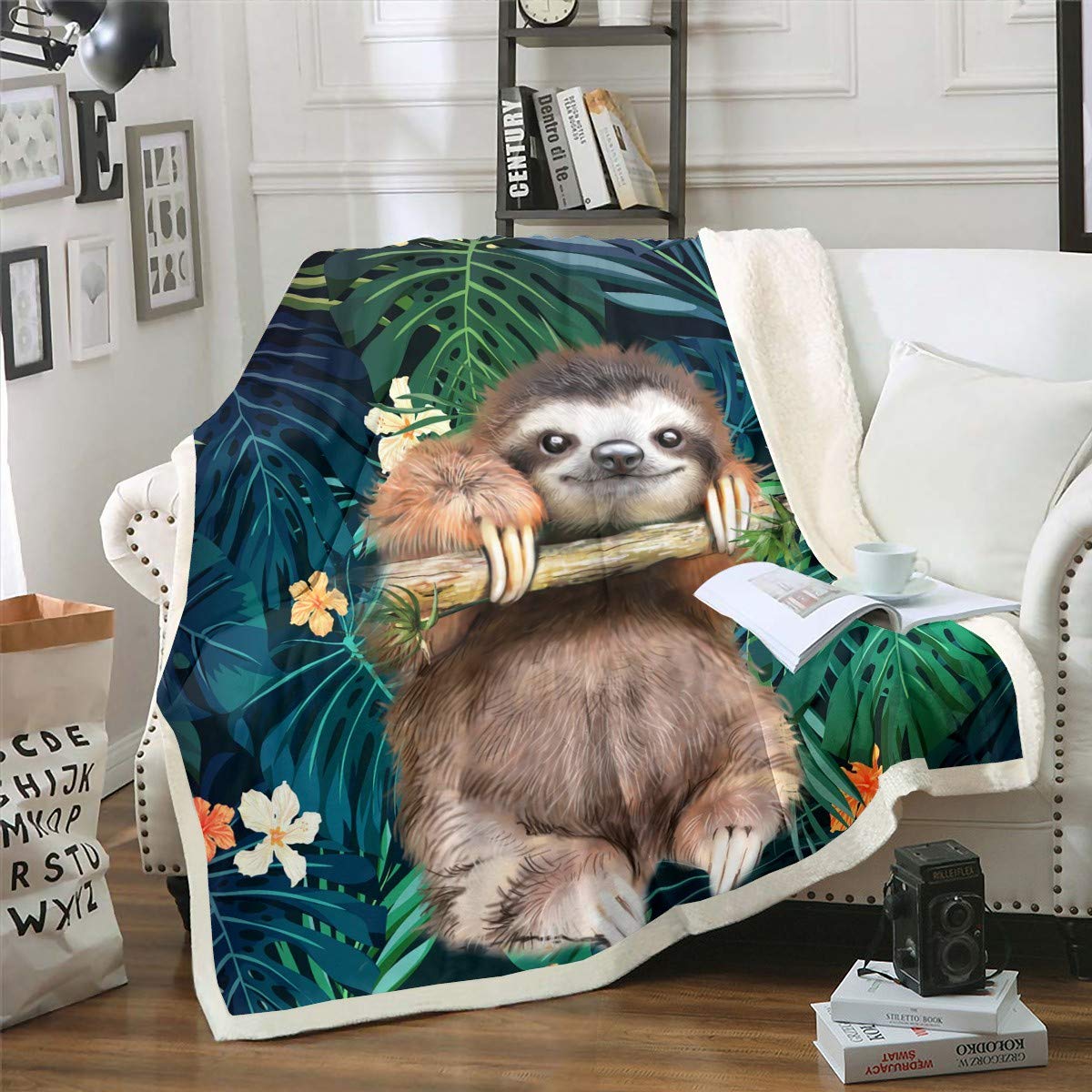 Cute Sloth Fleece Throw Blanket - Cartoon Animal Sherpa Plush for Couch, Bed, Sofa - Funny Lazy Sloth Tropical Leaves Floral Print Fuzzy Blanket - Nature Themed Room Decor - Double 60"x79"