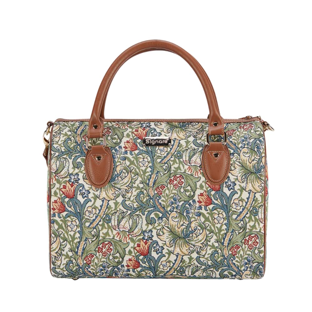 Signare Tapestry Duffle Bag Overnight Bags Weekend Bag for Women with Garden Flower and Creatures (Golden Lily)