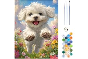 MEIYUDA Dog Paint by Numbers Kit, Flowers Puppy Paint by Numbers for Adults Beginners, DIY Acrylic Oil Painting by Number on 
