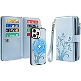 Lacass for iPhone 16 Case Wallet,Compatible with MagSafe Magnetic 2 in 1 Magnetic Detachable PU Leather RFID Blocking Wallet Cover Card Holder Zipper Wrist Strap Lanyard,Floral Sky Blue