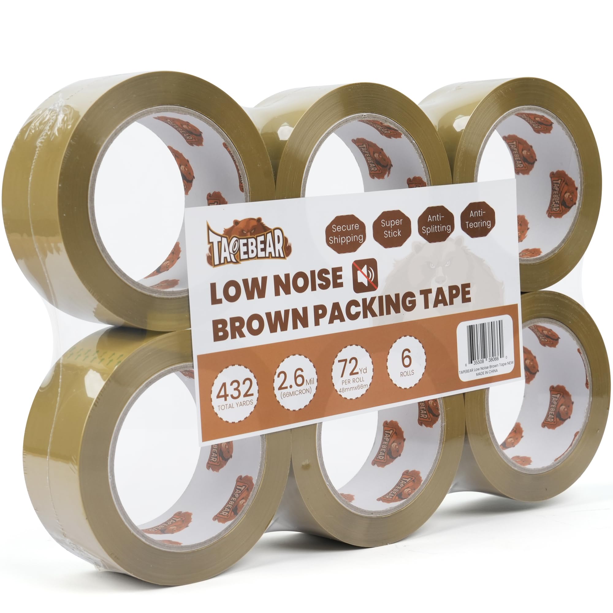TAPEBEAR Brown Packing Tape, Low Noise, Heavy Duty 48mm x 66m, 6 Rolls for Moving House