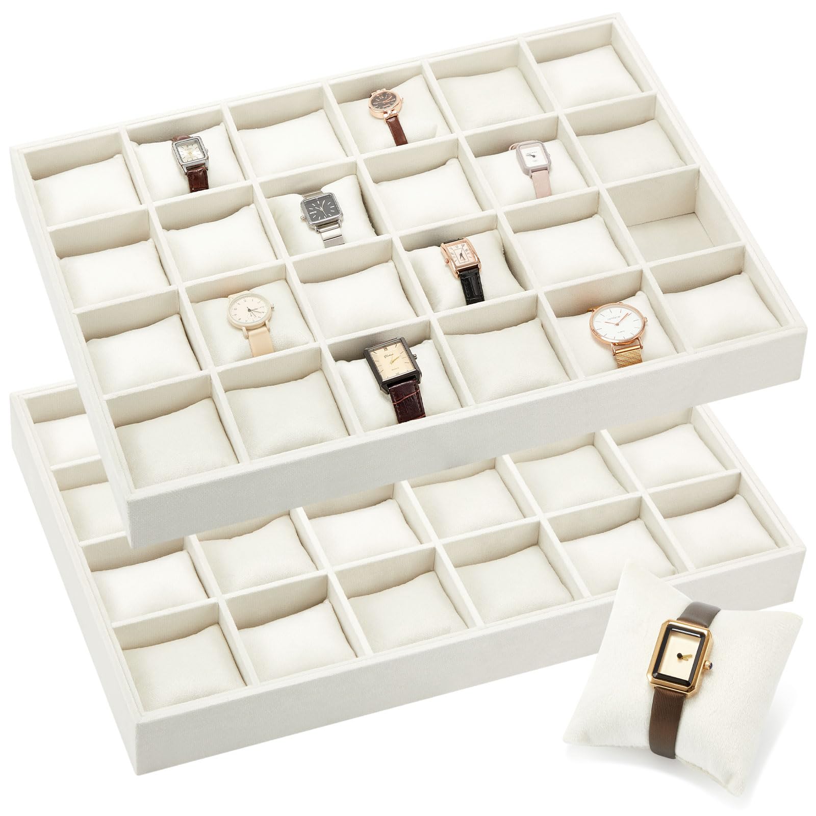 Photo 1 of **MISSING PILLOWS** Henoyso 2 Pieces 24 Grid Velvet Watch Tray Jewelry Organizer Stackable Watch Bracelet Bangle Display Holder Adjustable Pillow(Beige)