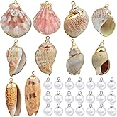 FORWOMLM 5 Pairs Natural Beach Shells 5 Styles Conch Seashell Charms and 30pcs 8 mm White Round Pearls Beads Handmade Accessories for DIY Necklace Bracelet Craft Supplies Wedding Gift