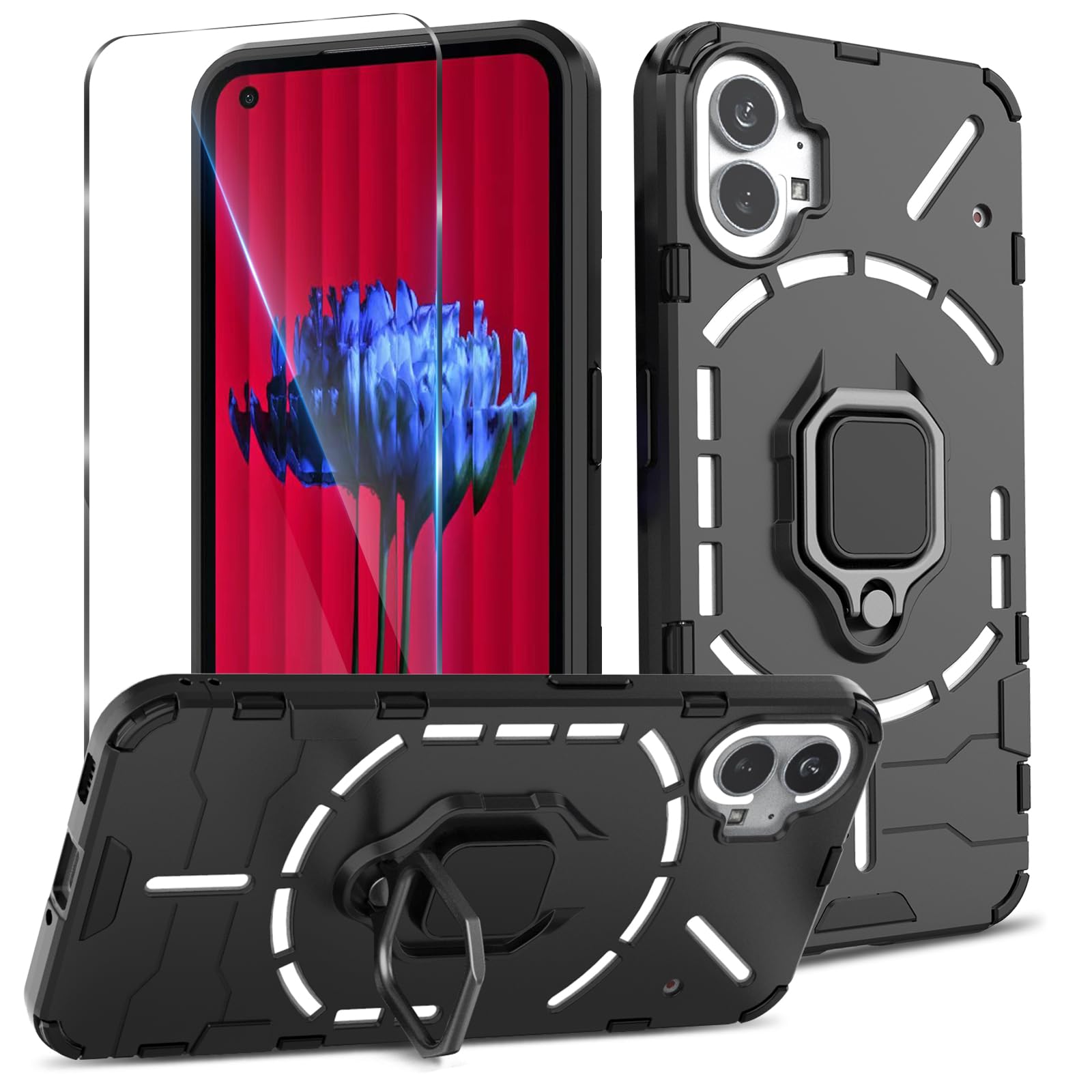 Btstring Case for Nothing Phone 1 and Screen Protector Tempered Glass, Heavy Duty Shockproof Tough Armour Case with Stand Protective Personalised Phone Cover,Black — image 1