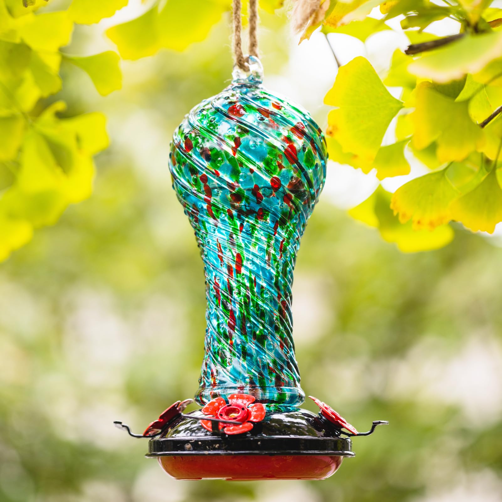 Muse Garden Gifts for Women Hummingbird Feeder Glass, 20oz Hummingbird Feeders for Outdoors Hanging Ant and Bee Proof, Mom Grandma Birthday Christmas Unique Gifts, Hand Blown Garden Decor, Blue Green