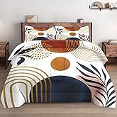 WeCozy Queen Size Comforter Set with 2 Pillowcases, Mid Century 3 Pcs Bedding for Adults, Sun Boho Geometric Leaf Soft Comforter Set for Bedroom Bed Decor