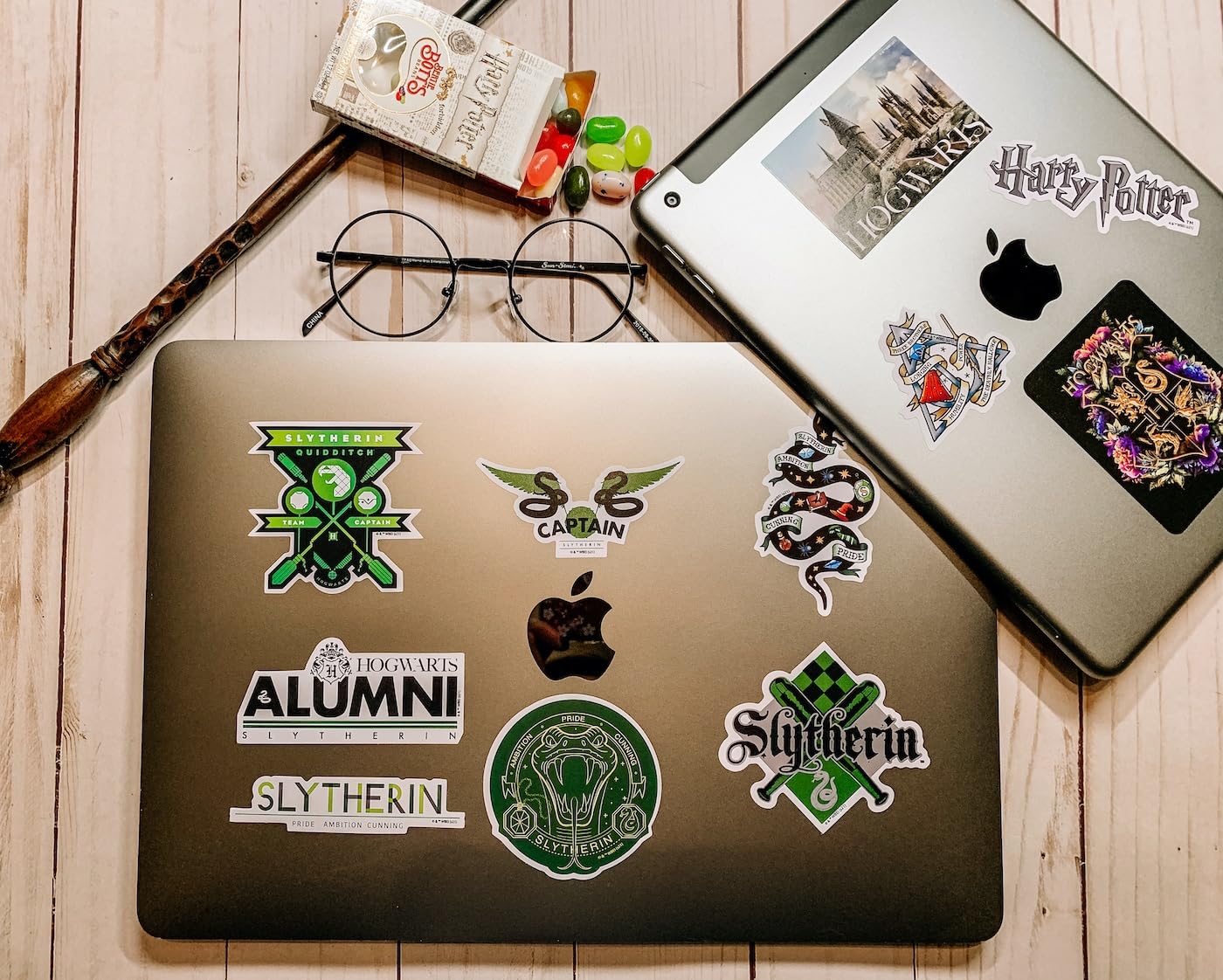Harry Potter Slytherin Hogwarts House Vinyl Sticker Decal Pack, 60-Count, 5 Hologram Stickers, Waterproof, UV & Scratch-Resistant, Decals for Laptops, Water Bottles, Notes & More, Officially Licensed