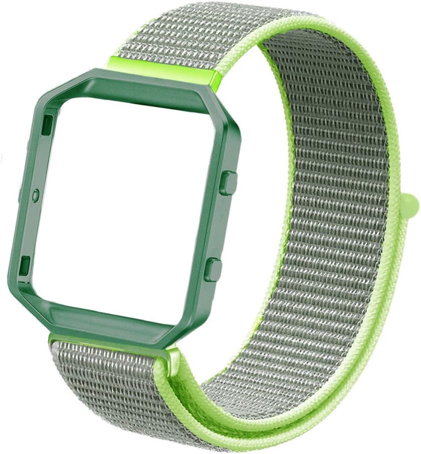 Azadodo Nylon Band Green Small Large Compatible with Fitbit Blaze, Adjustable Woven Nylon Sport Loop Replacement Wristbands Straps with Frame for Blaze Women Men (Fluorescent Green with Green Frame)