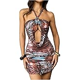 SHENHE Women's Sexy Halter Deep V Plunge Open Back O Ring Chain Ruched Bodycon Mini Dress