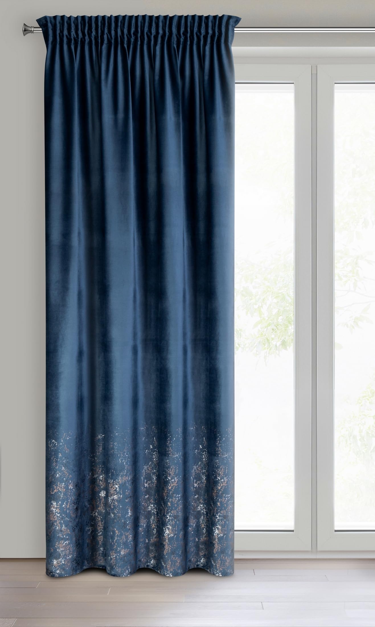 Eurofirany MIRELA Velvet Curtain, Velvet Curtain with Ruffle Tape, 1 Piece, Golden Pattern, Blackout, Glamour, Elegant Curtain for Living Room, Bedroom, 140 x 270 cm, Dark Blue