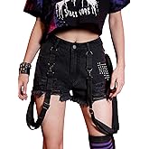 WDIRARA Women's Ripped Raw Hem High Waisted Denim Shorts Goth Studded Punk Shorts