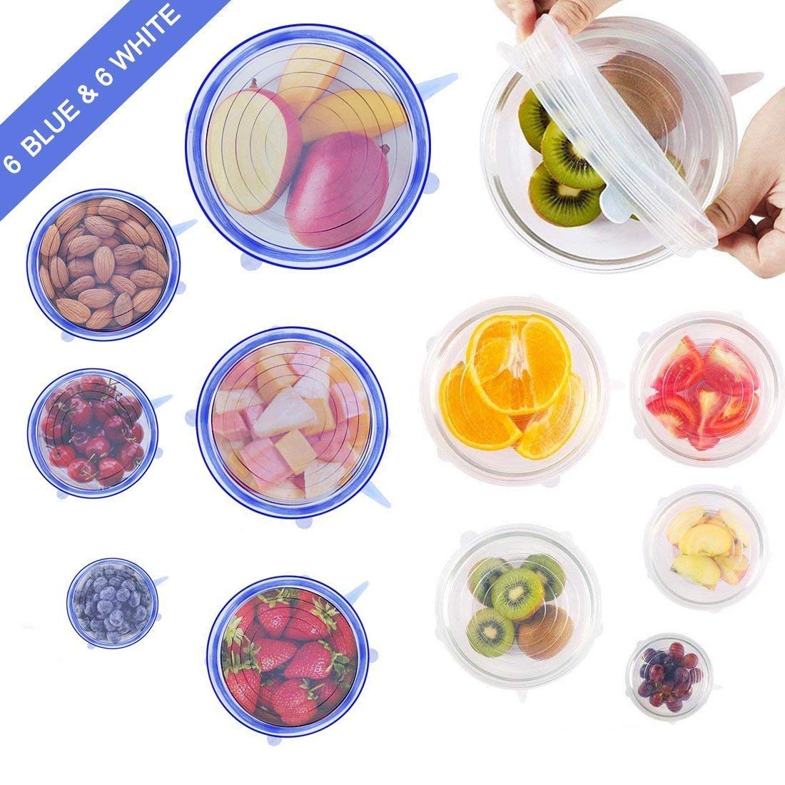 Silicone Stretch Lids 12 Packs Reusable, Durable and Expandable Silicone Covers Fresh Food Cover Fit Various Sizes and Shapes of Containers for Keeping Food Fresh, Dishwasher and Freezer Safe
