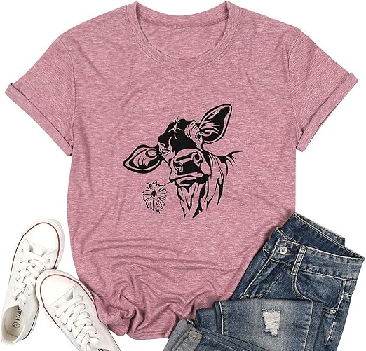 Cow Tshirt Womens Fun Animal Graphic Tees Casual Short Sleeve Summer