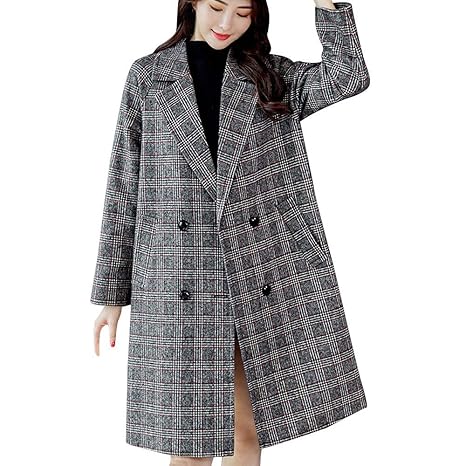 FIRSS Damen Revers Fleecejacken LangeTrenchcoat Kariertes Mantel Vintage Steppmantel Check Plaid Dufflecoat Casual Langarm Fl
