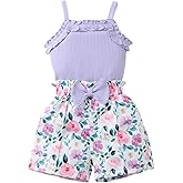 Kucnuzki Toddler Baby Girl Clothes Sleeveless Tank Tops Ruffle Halter Shirts Floral Shorts 2 Piece Set Summer Outfits