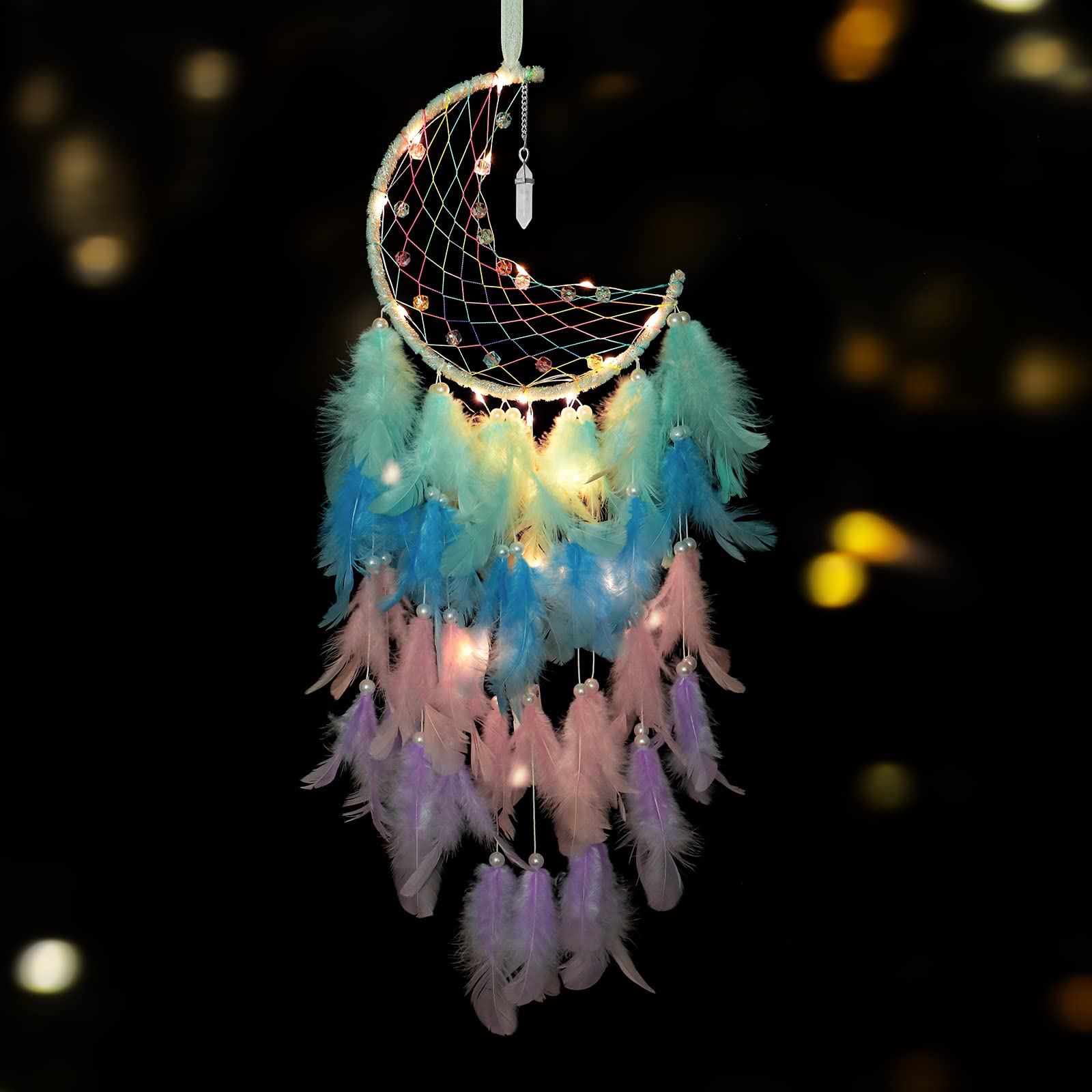 Dremisland Moon Dream Catcher with Fairy Lights Handmade Dreamcatcher Kids Bedroom Accessories Rainbow Feather Lucky Turquoise Pendant Wall Hanging Decoration for Home Bedroom