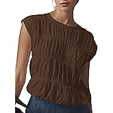 MISSACTIVER Women's Cute Tiered Shirred Bubble Top Solid Casual Crew Neck Cap Sleeve Tank Top Babydoll Tee Shirt Blouse Tops