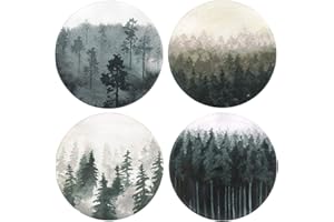 Lahome Forest Pattern Coasters - Round Drinks Absorbent Stone Coaster Set With Ceramic Stone and Cork Base for Kinds of Mugs and Cups (Forest, 4)