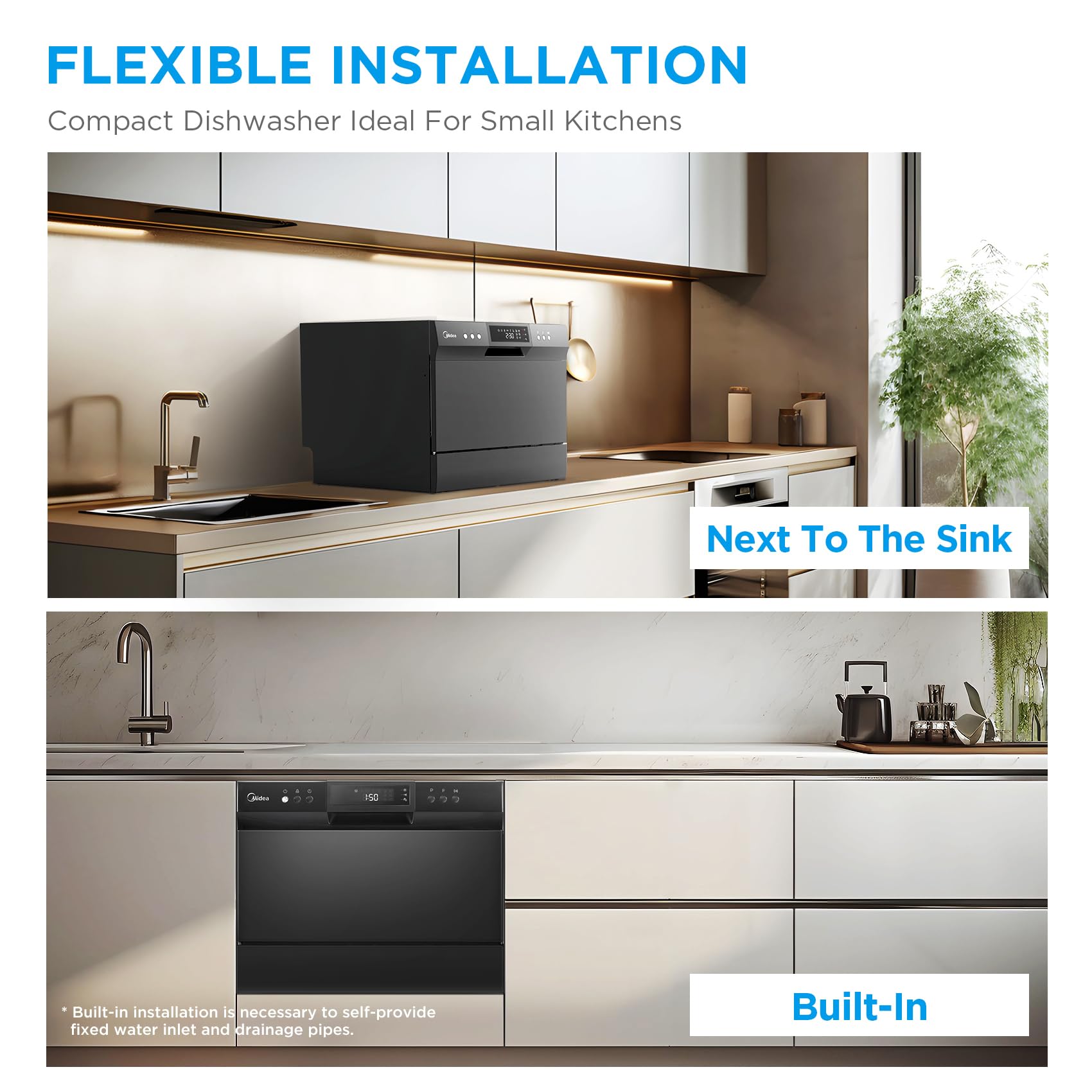 Midea MDC22P1ABB Table-top Countertop, Energy Star Portable Dishwasher, 6 Place Settings & 8 Washing Programs, Speed, Baby-Care, ECO& Glass, Dish Washer for Dorm, RV& Apartment, Black
