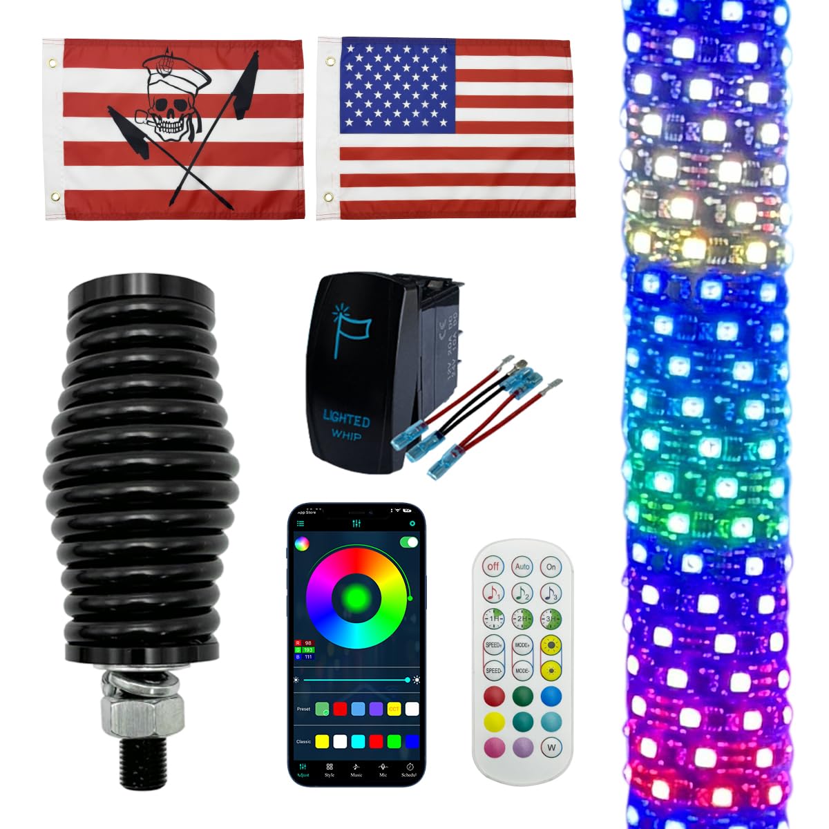 Photo 1 of 1 Pack3FT Fat LED Whip Lights, RGB Chasing LED Whip Antenna with APP & Remote Control, Spring Base, IP67 Waterproof, Music Sync, UTV Whip Lights for Side by Side for ATV SXS Jeep Truck RZR Off Road