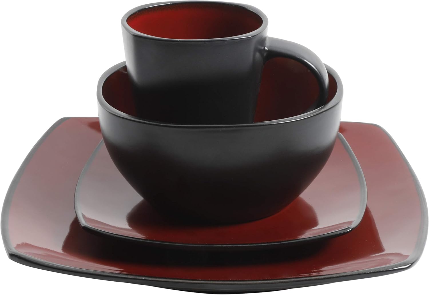 Gibson Soho Lounge 16-Piece Square Reactive Glaze Dinnerware Set, Red: Kitchen & Dining
