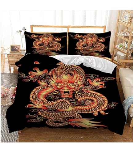 Boys Dragon Duvet Cover Set - Full Size 3-Piece, Chinese Heritage Floral Motif, Vermilion & Black