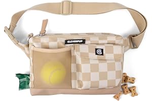 Cleverpup, Dog Walk & Train Sling Bag - Hands-Free 2-In-1 Treat Pouch, Poop Bag Holder, Clicker, Phone Pocket - Crossbody/Fanny Pack, Adjustable Strap - Checkerboard
