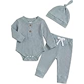 Newborn Baby Boy Clothes Long Sleeve Ribbed Bodysuit Pants Hat 3-Piece Outfit Set
