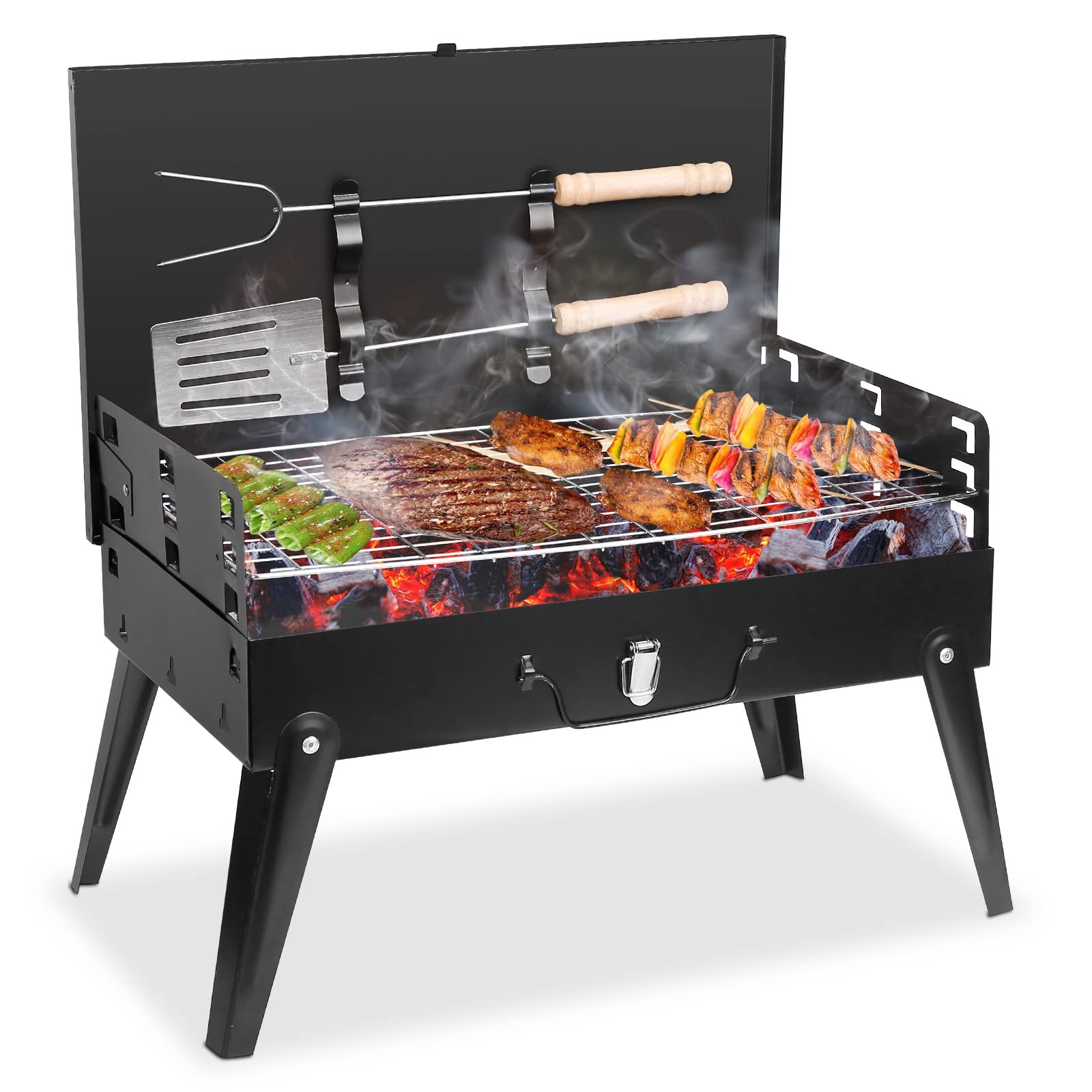 Photo 1 of TeqHome Portable Charcoal Grill, Small BBQ Grill Outdoor Folding Barbecue Grill with Barbecue Accessories & Lid, Foldable Camping Grill for Outdoor Cooking Camp Picnic Hiking Beach Patio Smokers
