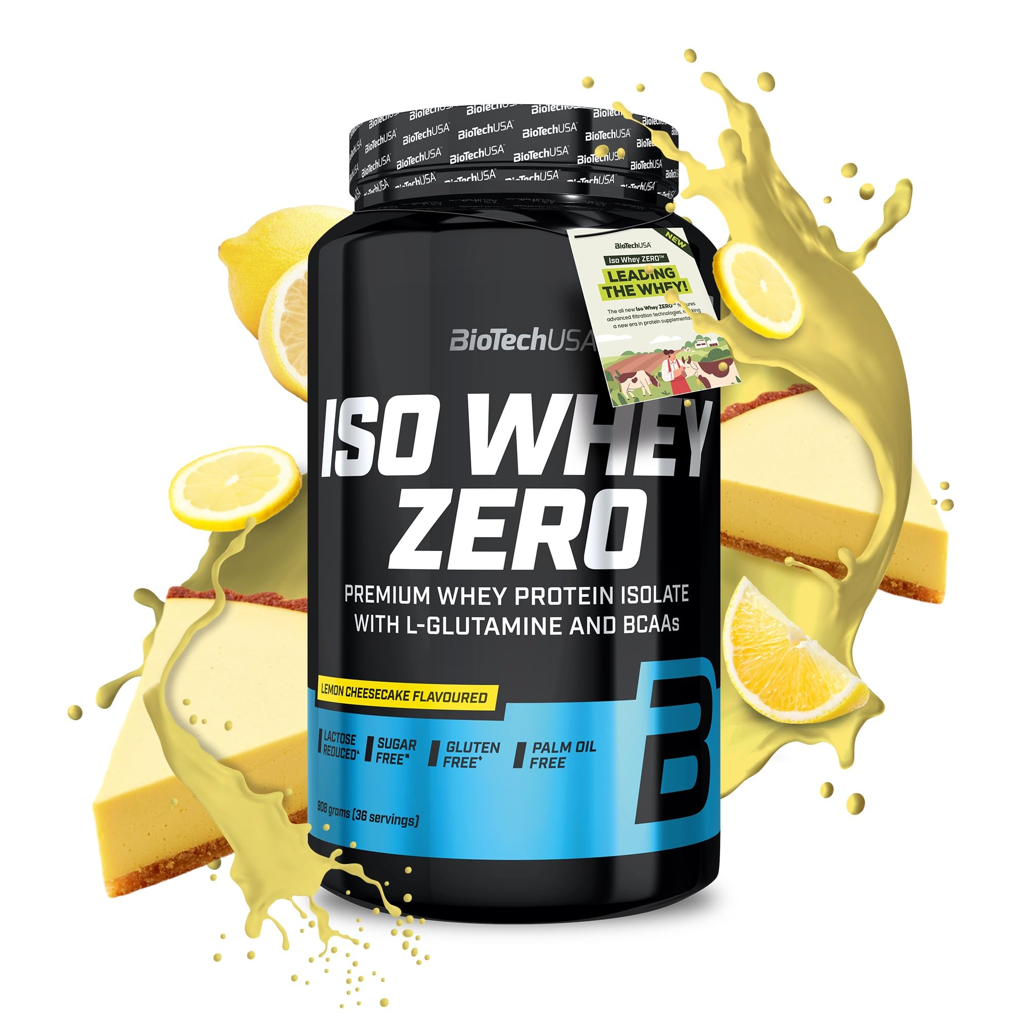 BioTechUSA Iso Whey Zero | Premium Whey Protein Isolate | Grass-Fed | Enzyme-Free | Sugar- and Gluten-Free, 908 g, Lemon Cheesecake