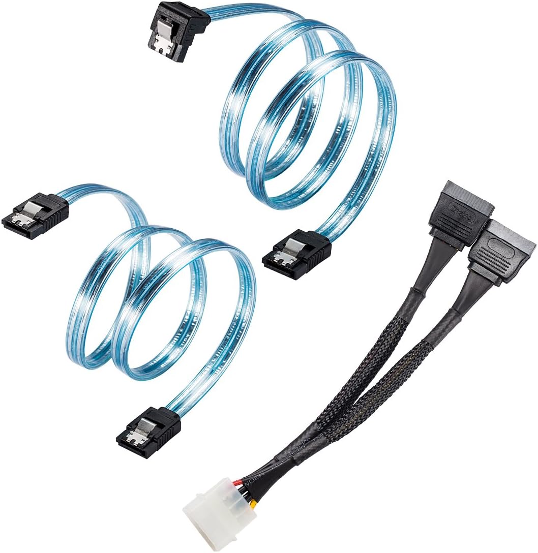 Zheino SSD HDD Cable SATA3.0 Hard Drive Data Cable,1XSATA Cable Straight,1XSATA Cable 90 Degree Right-Angle,1x4Pin to Dual 15Pin SATA Power Splitter Cable SSD HDD Power Cable Hard Drive Power Cable