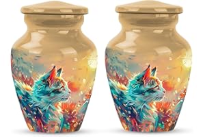 MUKTIVE Mystical Cat Serenity Mini Urns - Set of 2 Small 3” Golden Keepsakes for Pet Ashes - Cat Cremation Memorial Set