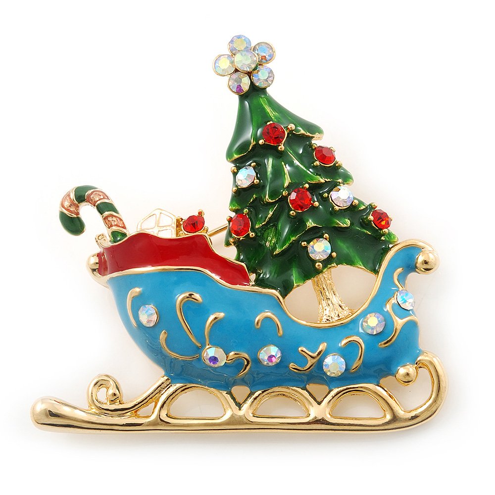 Gold Plated Multicolored Enamel, Crystal Christmas Sleigh Brooch- 53mm Length