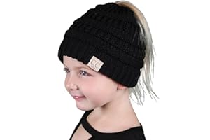 Funky Junque Kid's BeanieTail Children’s Ponytail Messy Bun Beanie Solid Ribbed Hat
