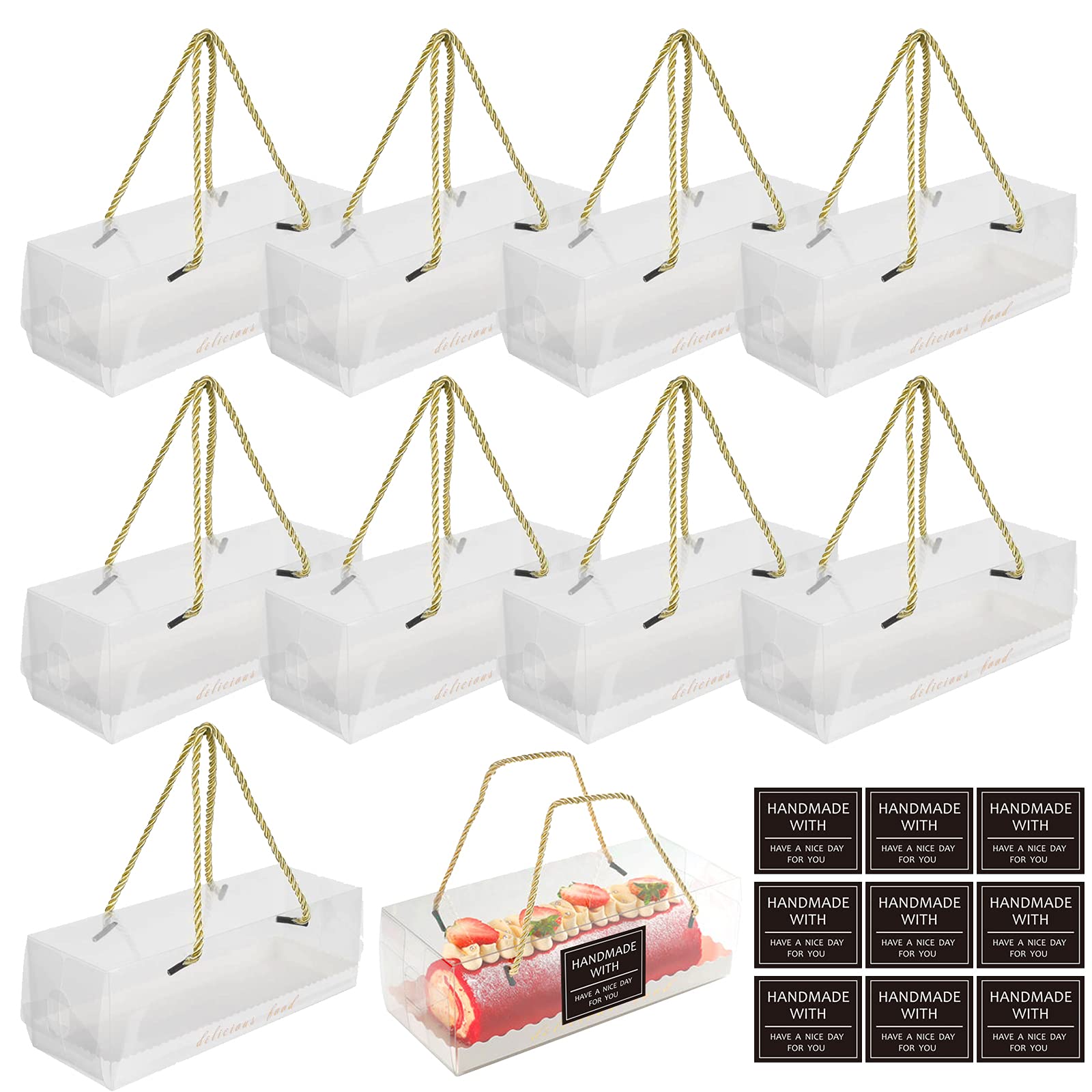 TSLBW 10 Pcs Transparent Cake Box Rectangle Cupcake Box,Small Macaron Packaging Boxes with 10pcs Cake Box Stickers,for Christmas Holiday Bakery Shop Party Treat Cupcakes Packaging (Gold S)