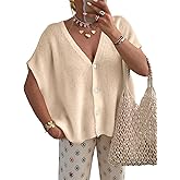 PRETTYGARDEN Womens 2026 Spring Oversized Cardigans Batwing Short Sleeve Lightweight Button V Neck Casual Knit Sweater Tops