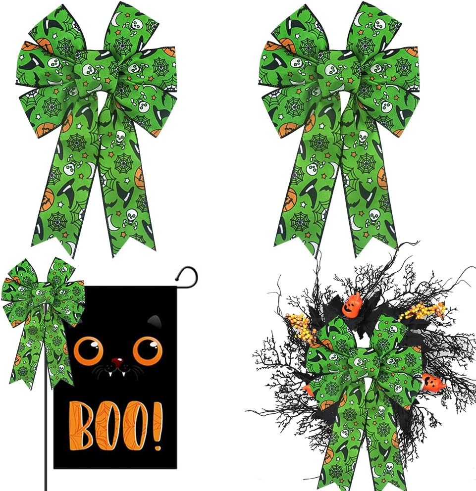 Bows & Ribbons - Hying 2PCS Halloween Bow for Wreath, Burlap Spider Web Pumpkin Wreath Bow for Halloween Décor Green Bow for Front Door Indoor Outdoor Wall Tree Topper Decoration Supplies Halloween Ornament