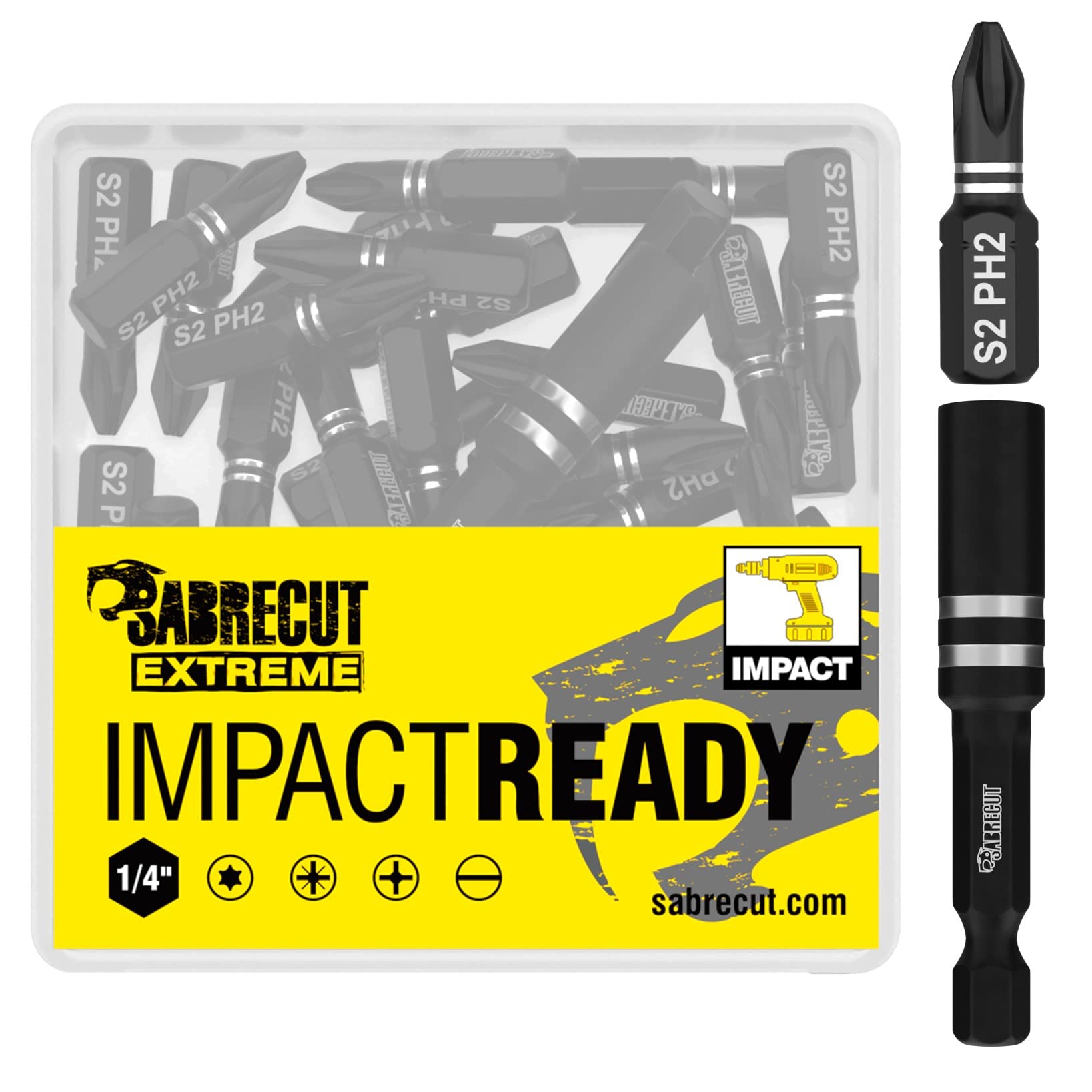 41 x SabreCut SCPA25_41PH 25mm PH2 Impact Screwdriver Driver Bits Set Single Ended Phillips No.2 Heavy Duty Including Bit Holder and Storage Box